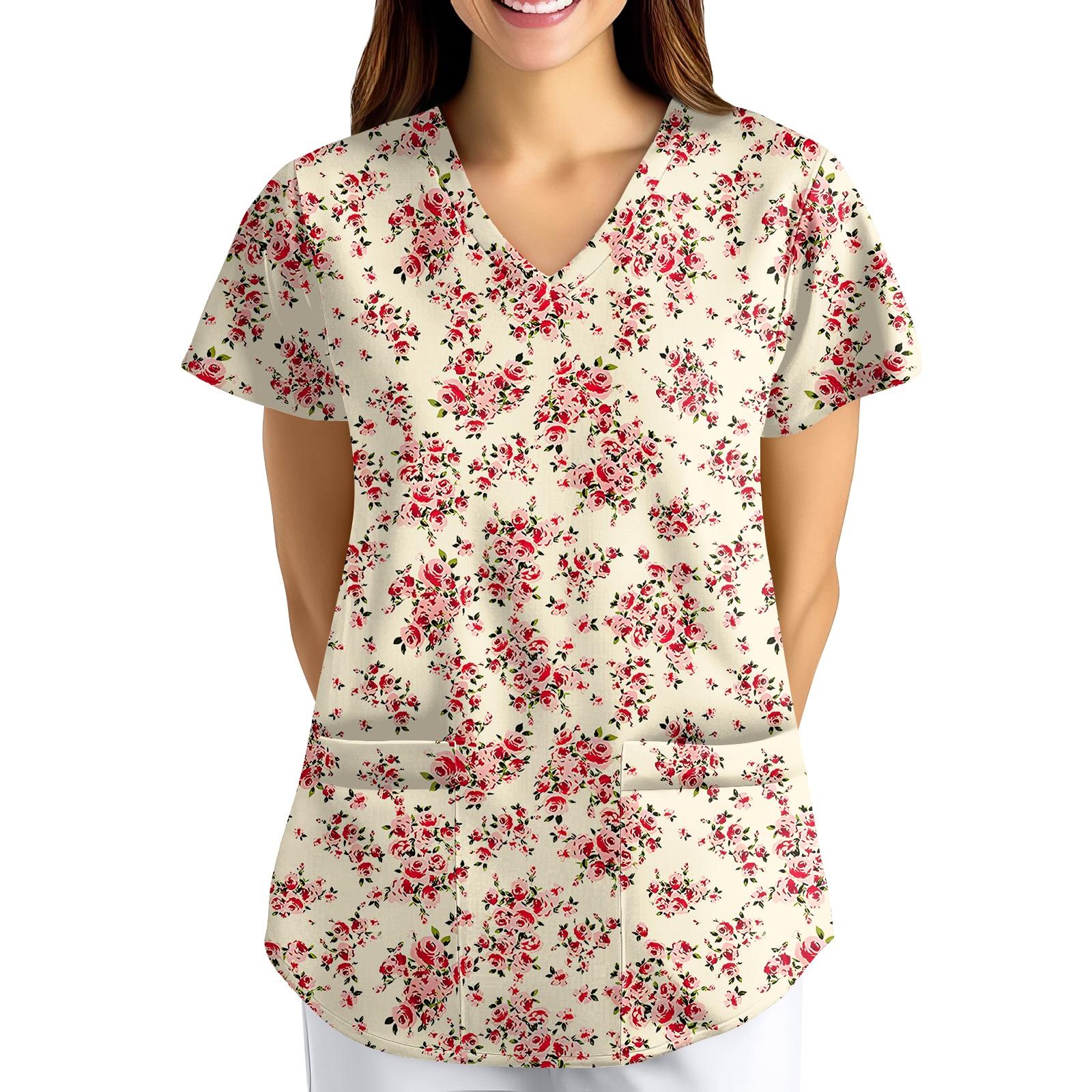 ÜbergrößeBedruckte Kasack Arbeitsuniform Oberteile für Damen V-Ausschnitt mit Überkreuzung Print Kurzarm Lustige T-Shirts Arbeitskleidung T-Shirt mit Taschen XL gelb