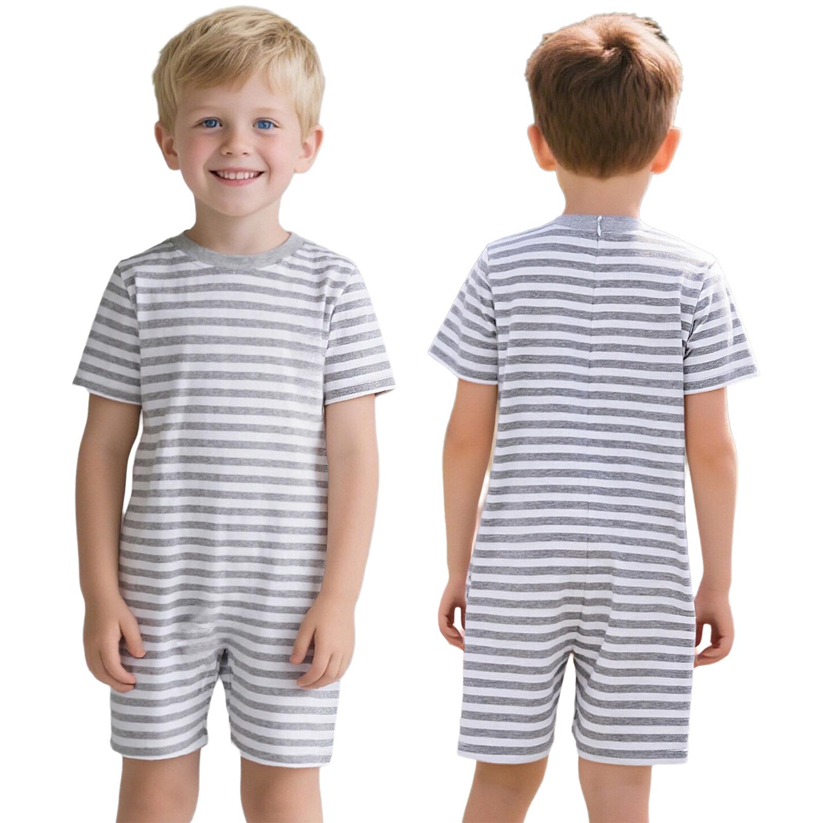 Unisex Kinder spezieller Bedarf Anpassbarer Overall: Rundhals, Kurzarm, Oberschenkellang, Anti-Strip Rücken, Verdeckter Reißverschluss, Gestreift grau