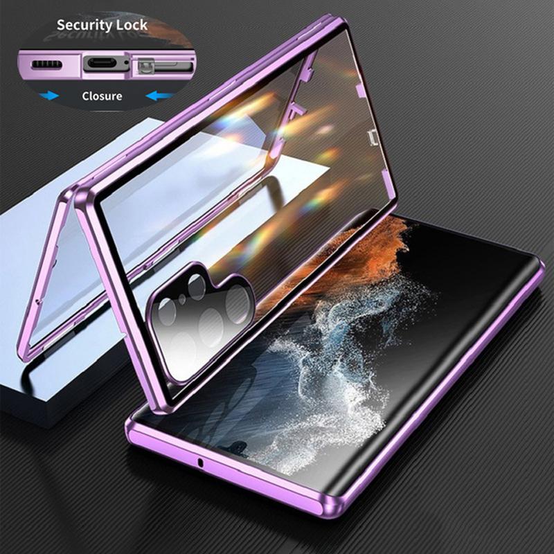 360 Metallrahmen Doppelseitige Glas Snap-Lock Hülle Für Samsung Galaxy S26 S25 S24 S23 S22 S21 Ultra Plus Vollständiger Linsenschutz Handyhülle For Samsung S21 Plus violett