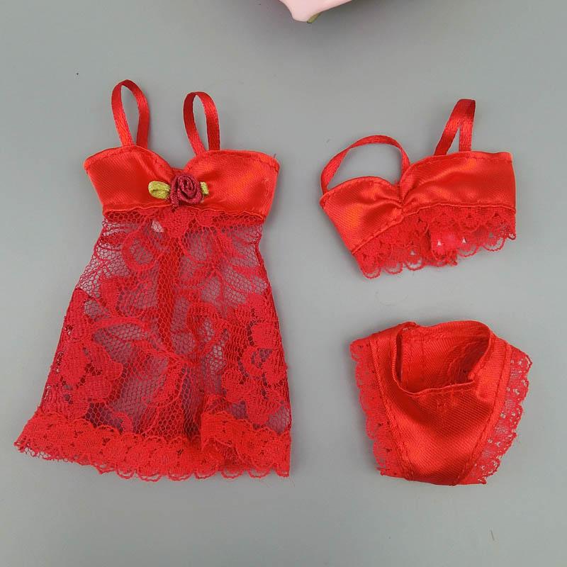 Sexy Pyjamas Spitze Puppenkleidung für Barbie-Puppe Dessous für 1/6 BJD Puppe Kleid + BH + Unterwäsche Kleidung für 1:6 Puppen Kinderspielzeug rot