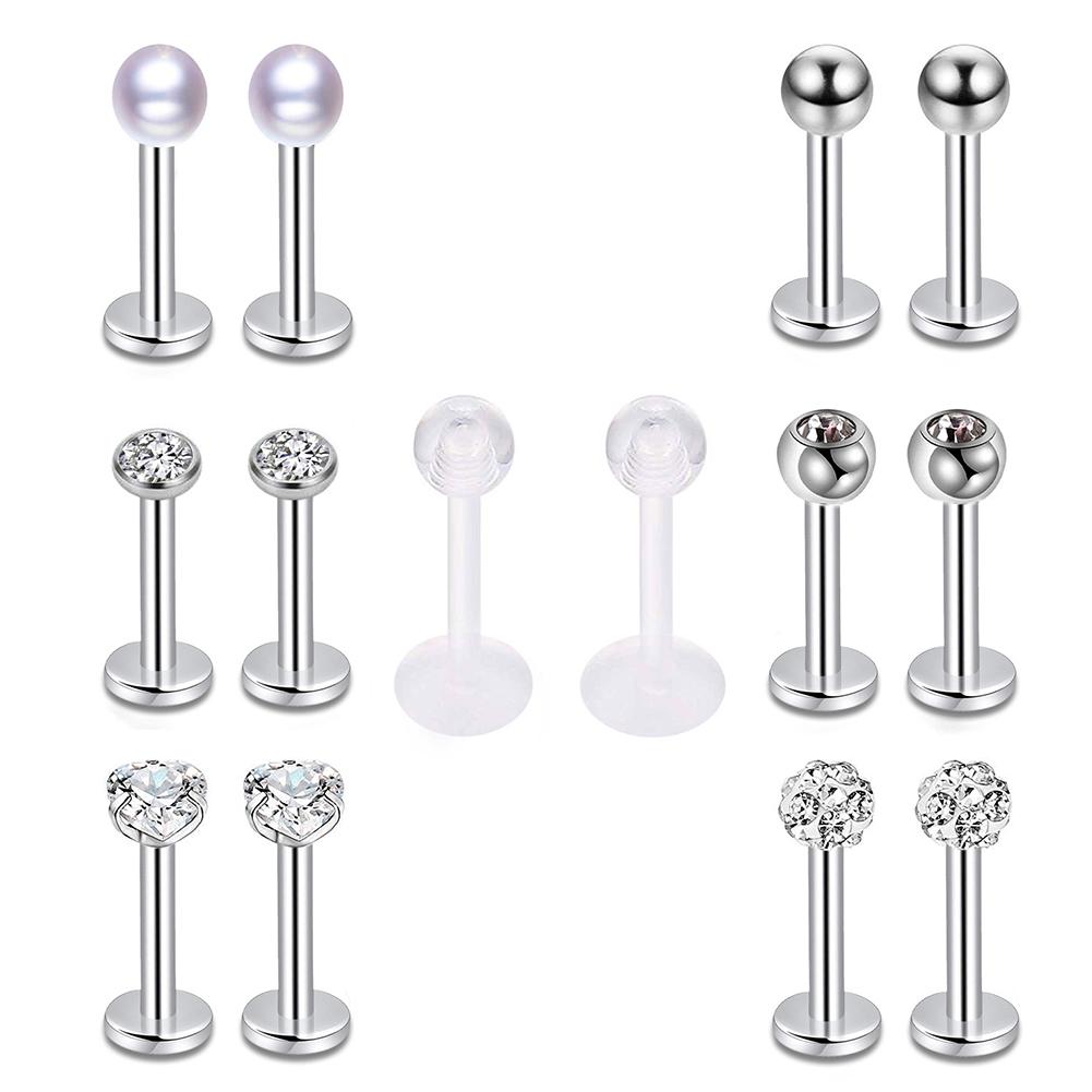 14-teiliges Unisex-Ohrstecker-Piercing-Set aus Edelstahl, einfach, allergiefrei, antiallergisch, Lippe, Nase, Nagel, Kristall, Knochenohrring Steel Color