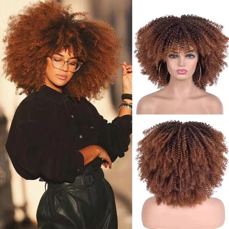 Kurze Afro-Perücke mit verworrenen Locken und Pony für schwarze Frauen, Cosplay, Lolita, synthetische, natürliche, leimlose, braune, gemischte blonde Perücken