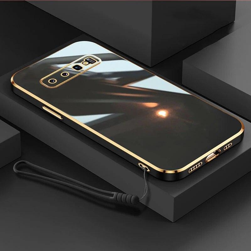 Für Samsung S10 Hülle Galaxy S10+ Luxus Square Plating Galaxy S10 Plus Handyhülle Stoßfeste weiche TPU Silikon Rückseite Fundas Galaxy S10&Case & Strap grau/schwarz