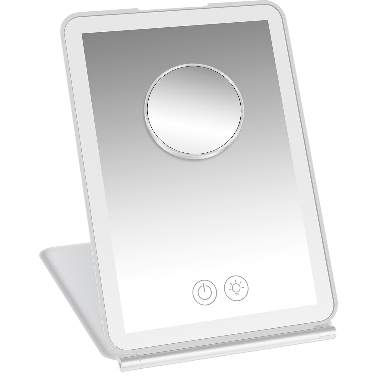 Tragbarer, faltbarer Reise-Make-up-Spiegel mit 10 x 3 Farben, LED-Licht, Kosmetikspiegel, Touchscreen, stufenloses Dimmen, USB-Reise-Ankleideglas