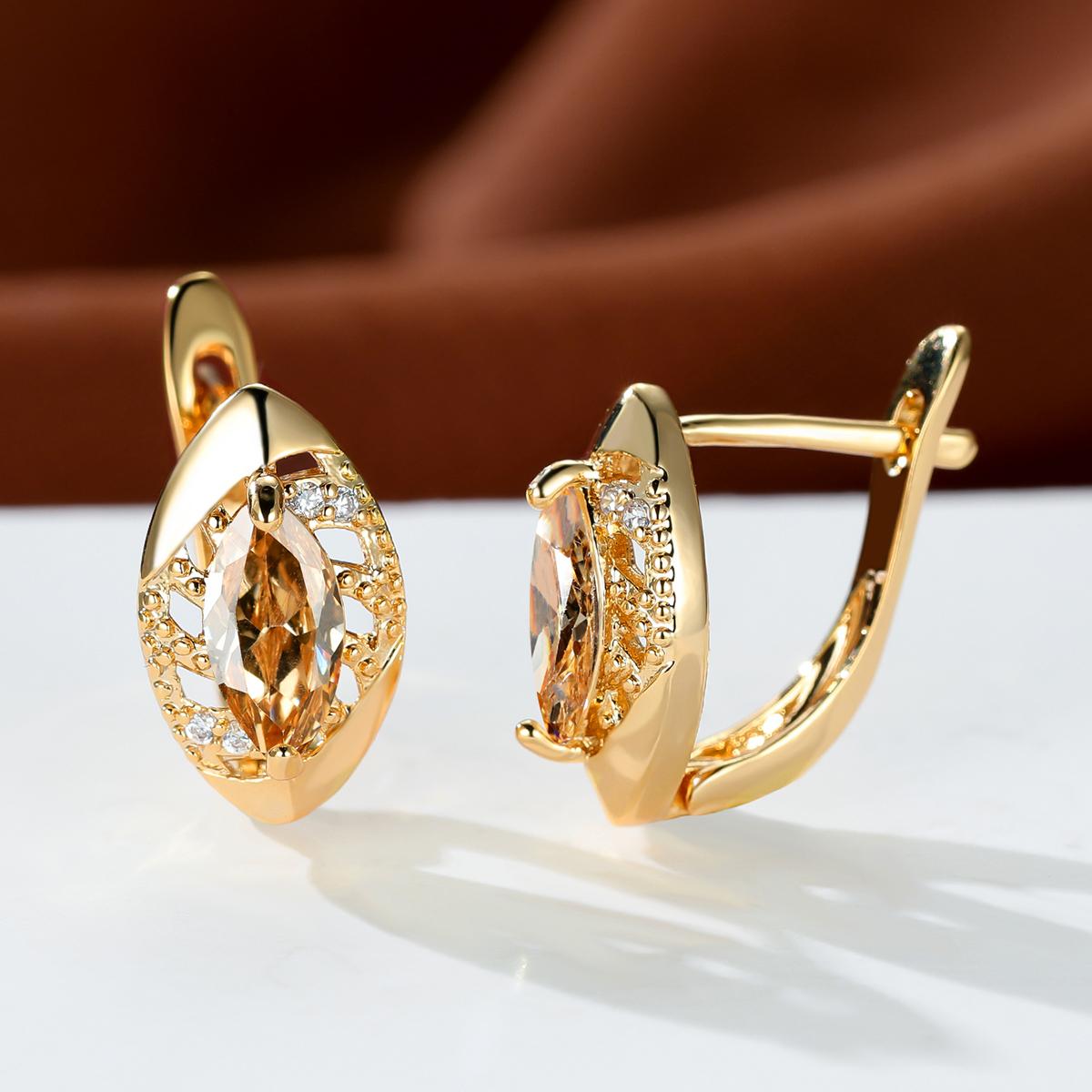 Roségoldfarbene Marquise-Schliff-Ohrringe, Lila, Rosa, Blau, Aqua-Kristall, Hakenohrringe, Geburtsstein-CZ-Tropfen-Ohrringe, hohle Blatt-Ohrringe champagner/gold