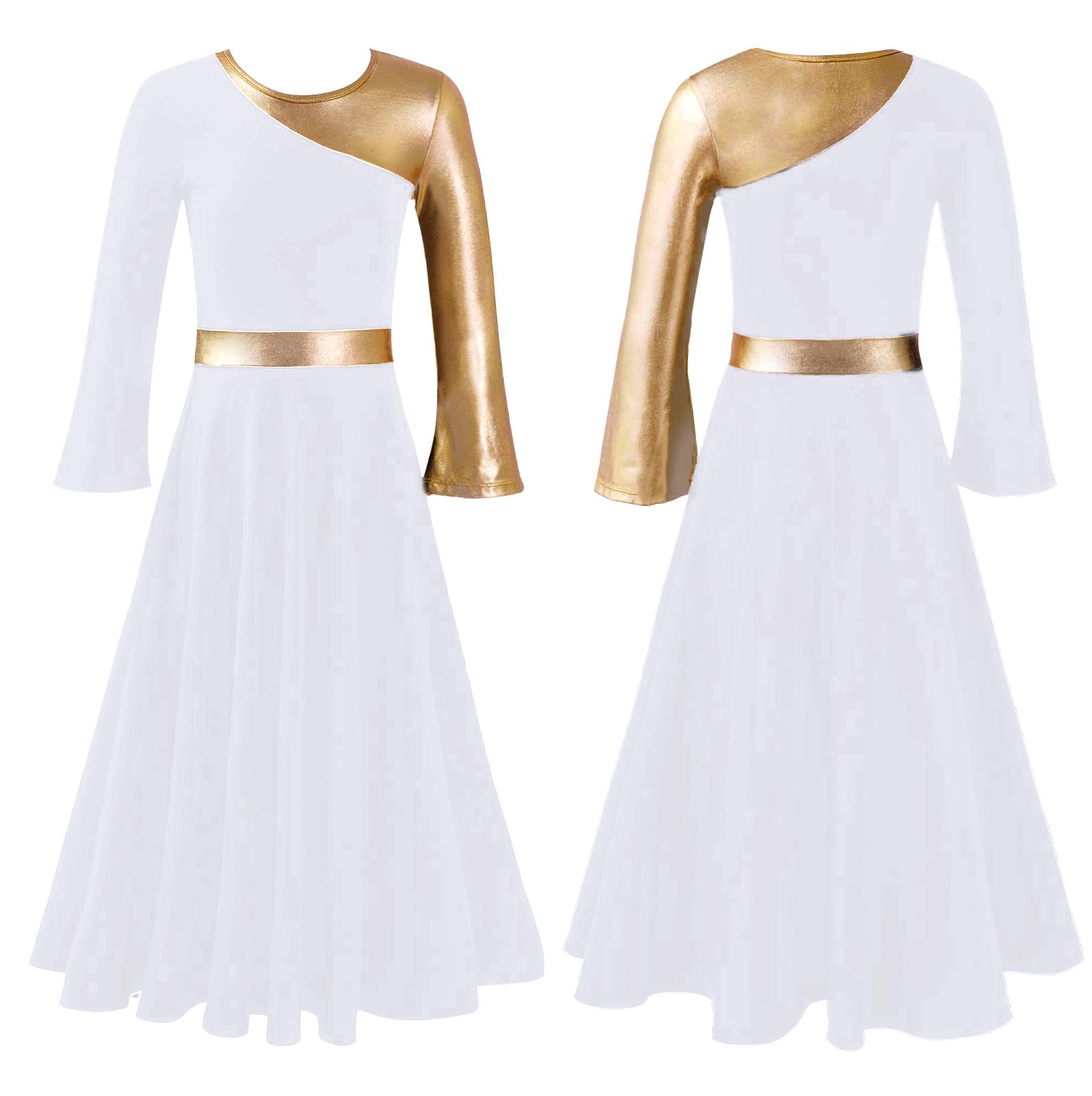 Kinder Mädchen Liturgisches Lobpreis-Tanzkleid Bell-Bottom Langarm Lyrische Kleider Anbetungskostüm Kirche 5-6 Years weiß