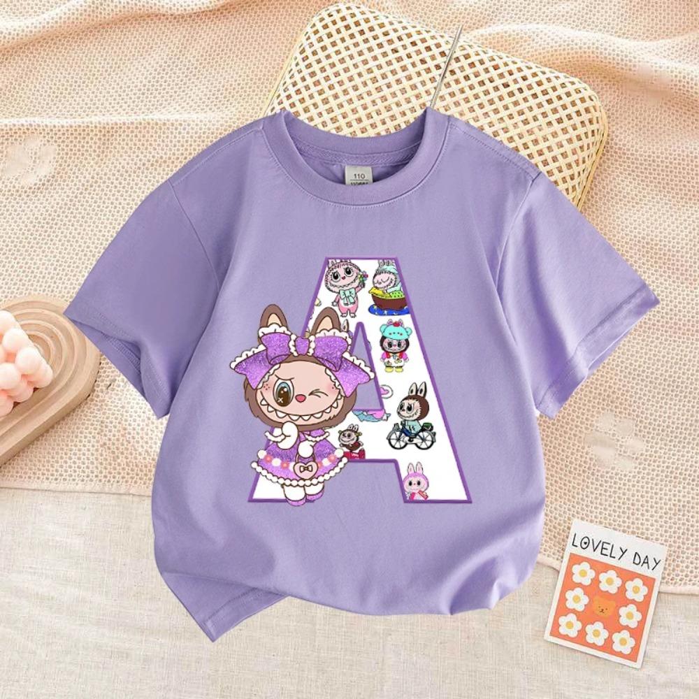 Niedliches Labubued T-Shirt mit Buchstabenaufdruck Baumwolle Sommer Outdoor-Bekleidung Kurzarm Mädchenkleidung Top Cartoon Kinderbekleidung Kleinkind 120