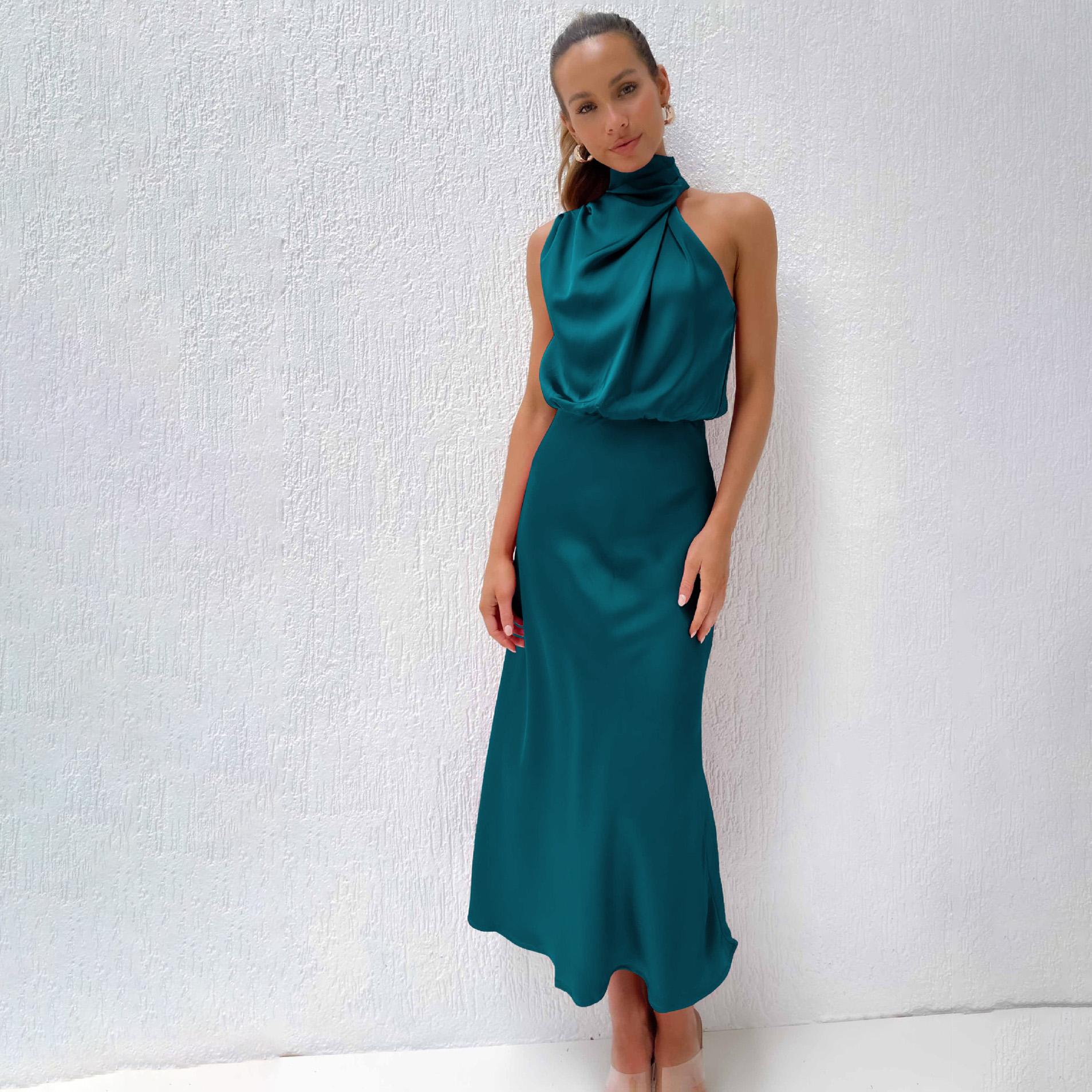 Damen-Sommer-Abendkleid, ärmellos, elegant, Neckholder, A-Linie, hohe Taille, lange Kleider, einfarbig M see-blaue