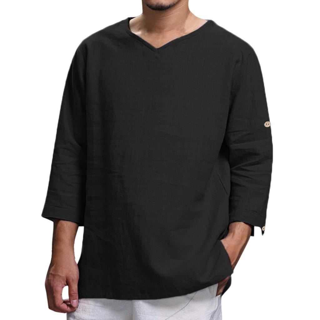 Herren Sommer Neues Oberteil aus Baumwolle und Hanf Bequemes modisches Blusenoberteil XXXL schwarz