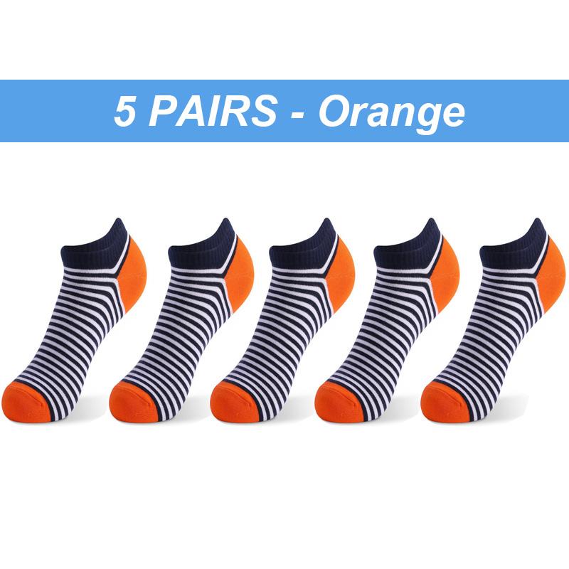 Herrensocken, hochwertig, 5 Paar, große Größe, Frühling, Sommer, Sport, atmungsaktiv, tailliert, gestreift, Patchwork, Knöchel-Bootssocken, Geschenke für Männer, Meias EUR38-46 orange