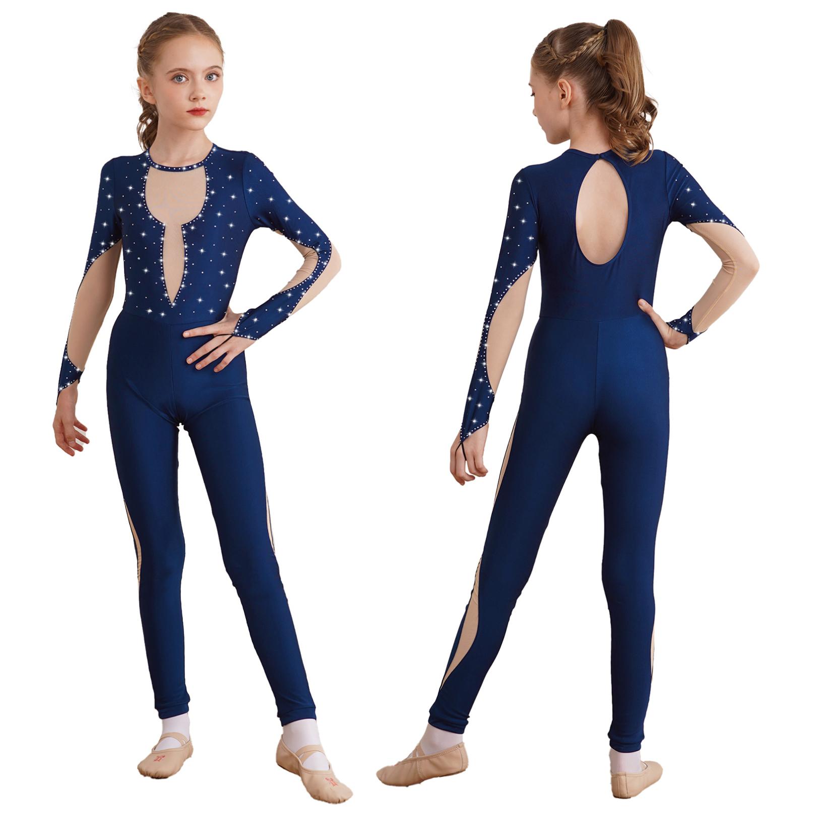 Mädchen Skating Body Ballett Tanz Ganzanzug Gymnastik Jumpsuit Leotard Dancewear Langarm Catsuit 15-16 Years navy blau