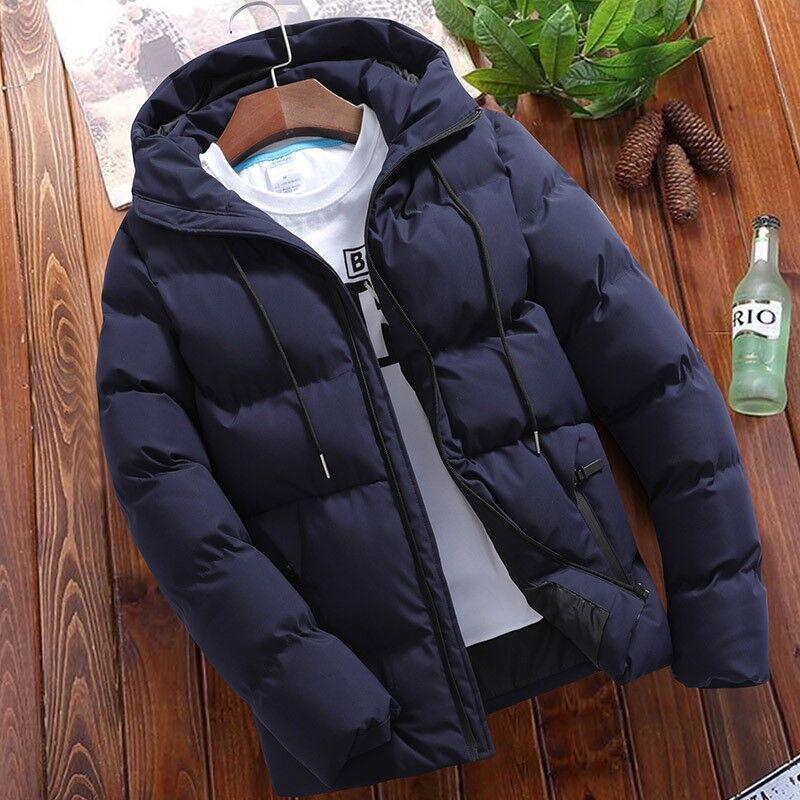Winter Baumwolljacke für Herren, Neuer Kapuzen-Baumwollmantel mittlerer Länge, Koreanischer Stil Mittellange Herren Baumwoll-Steppjacke, Herren Oberbekleidung L blau