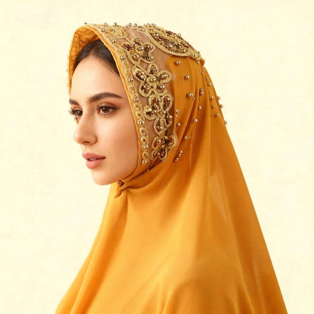 Mode Seide Perle Chiffon Hijab Schal Lang Stickerei Islamischer Turban Glitzer Bandana Pailletten Wickeltücher Schal Weiblich