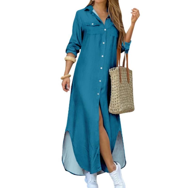 Frühling und Sommer Langes Hemd Mode Langarm Candy Farbe Revers Hemd Kleid S