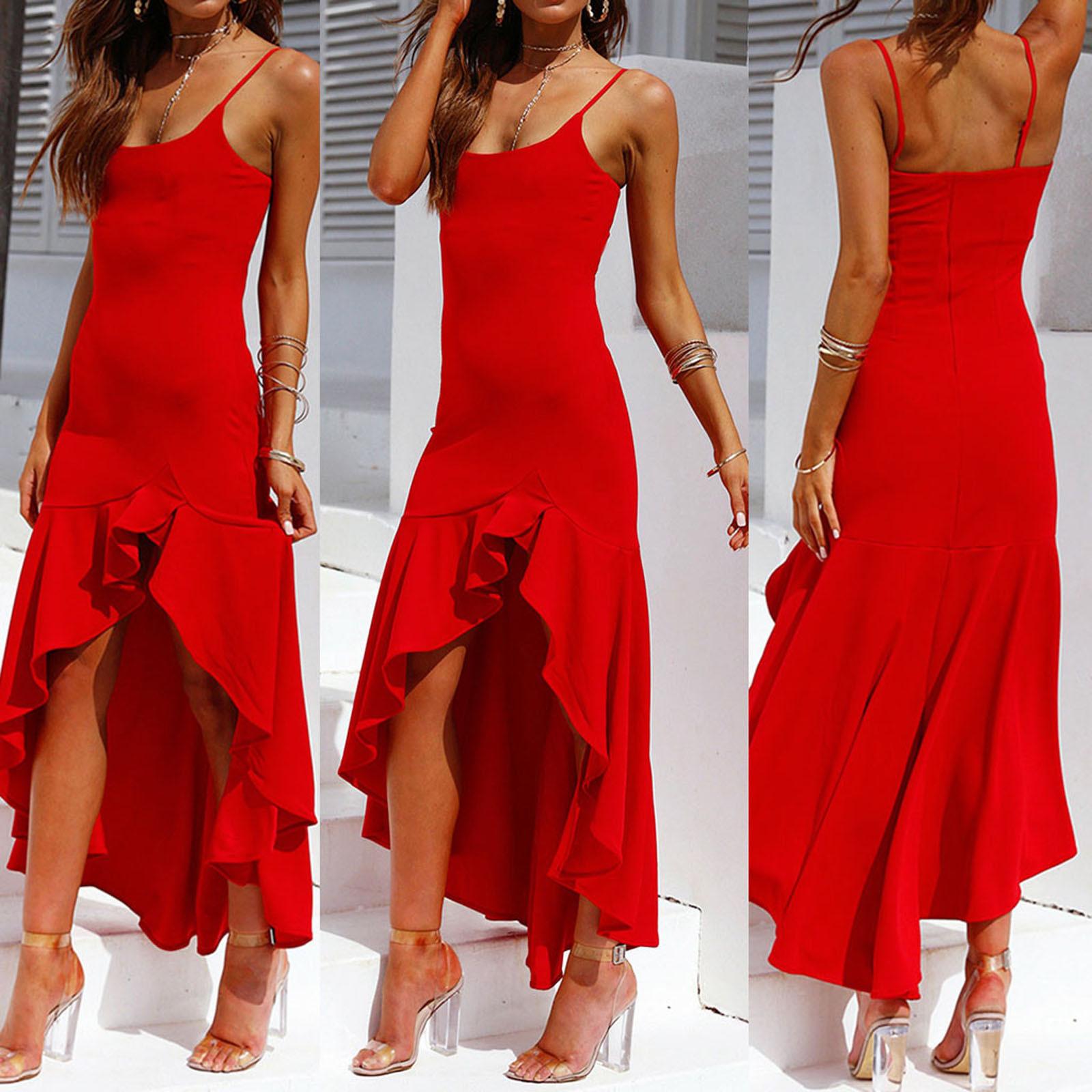 Frauen Sexy Rüschen Off Schulter Ärmelloses Kleid Prinzessin Maxi Kleid Sling Kleid XL rot