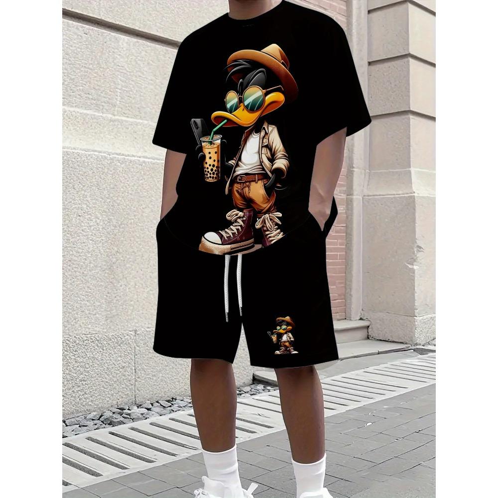 Herren Sommer Lässiges Mode Outfit Set Donald Duck Welt Grafik T-Shirt Shorts Lässige Kleidung Spielerischer Druck XL