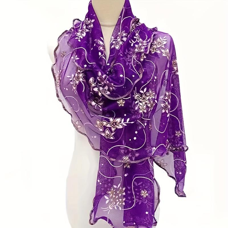 Schal mit Rüschen und Blumenstickerei, elegant, einfarbig, atmungsaktiv, Schal für Damen, Kopftuch, winddicht, Hijab, Turban, Reise-/Strandtuch dunkelviolette