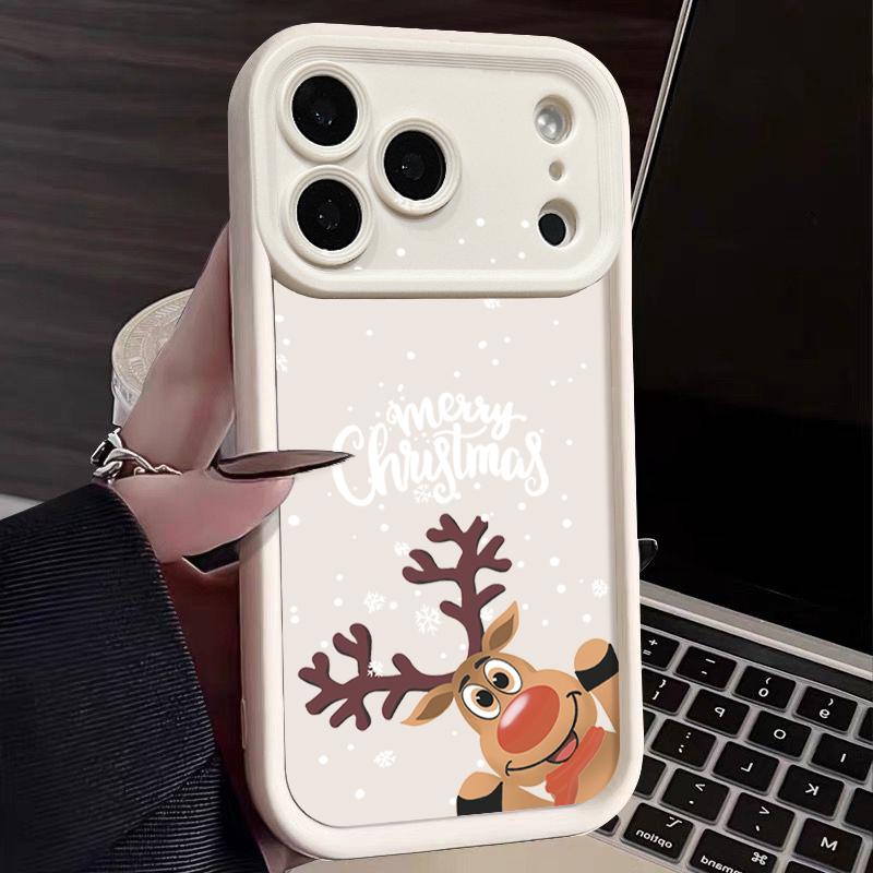 Niedliche Weihnachts-Elchmuster-Hülle für iPhone 17 Air 16e 16 15 14 Pro Max 13 17 Pro Max 17 Pro 17 Stoßfest Weiche TPU Silikon Handyhülle Funda iPhone 17 Pro Max beige/weiß