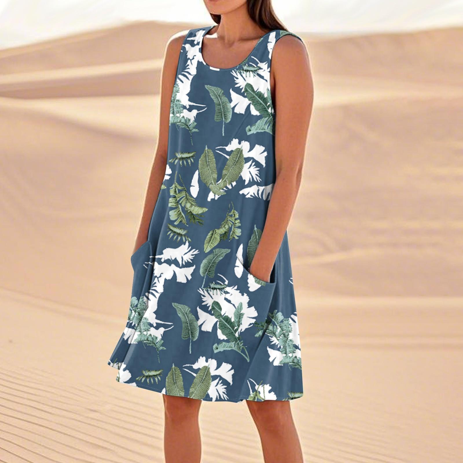 Sommerkleider für Damen, lockerer Strandurlaub, lässig, ärmellos, Sommerkleider mit Taschen, Tankkleid XL