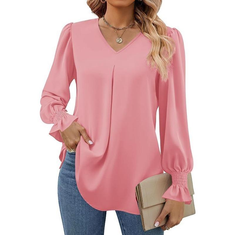 Damen Einfarbig Chiffon Pullover V-Ausschnitt Pullover Ausgestellt Langarm Bluse Bluse S rosa