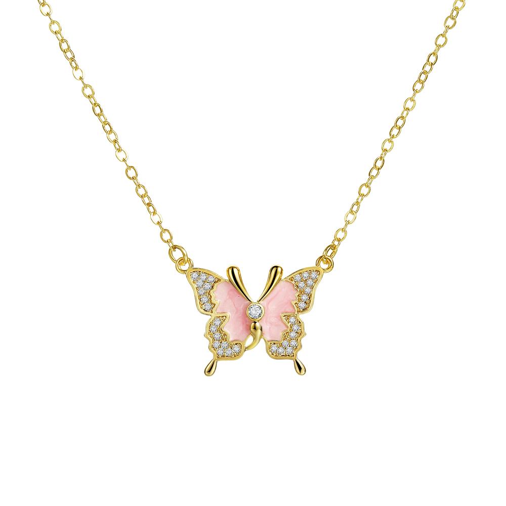 Koreanische einfache Schmetterling Halskette Student Mädchen schöne exquisite Geschenk Mode Halskette Charm Party vielseitige funkelnde Halskette Geschenk Pullover Kette rosa