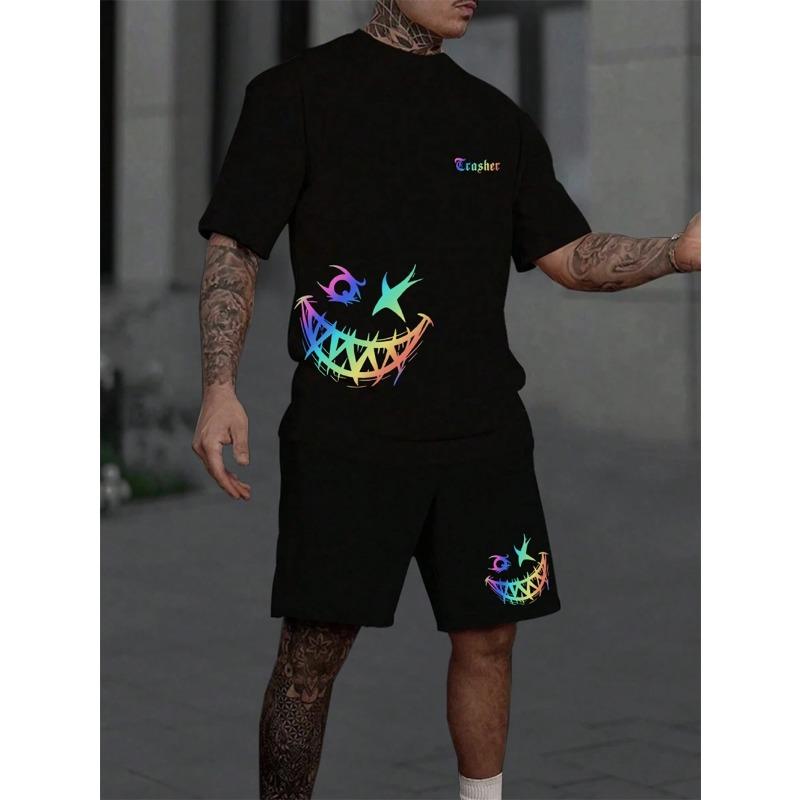 Sommer Herrenanzug Laser Smiley bedrucktes T-Shirt im Vintage-Stil Lässiger Outdoor-Anzug Kurzarm T-Shirt Shorts Herren Sommerbekleidung 6XL