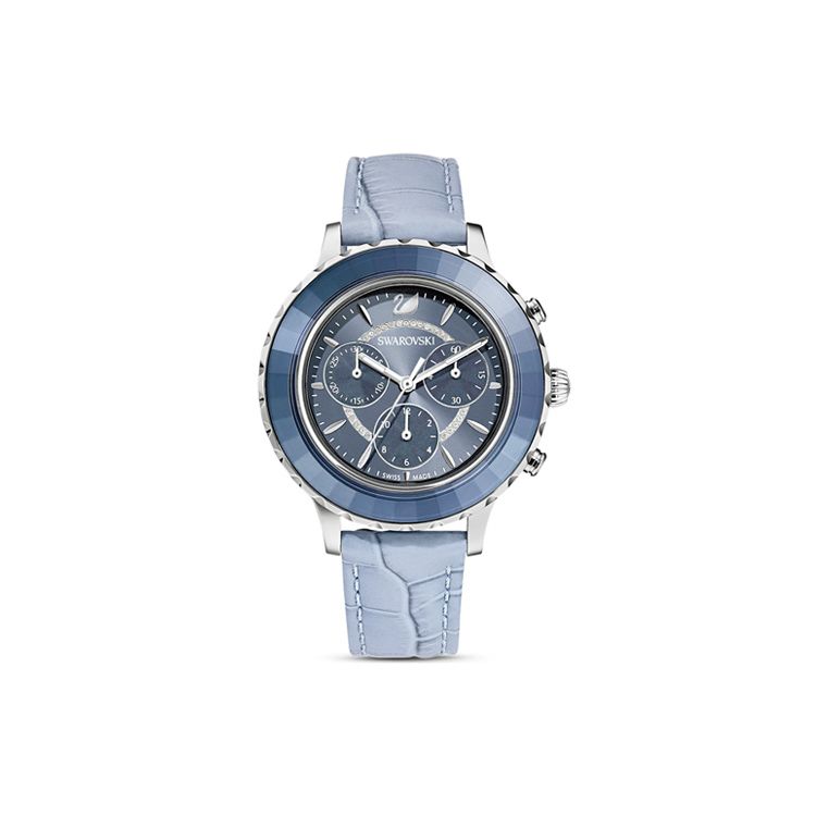 Swarovski Octea Lux Chrono Uhr Quarzwerk Lederarmband Blaues Zifferblatt Drei-Augen-Chronograph Geschenk für Freundin Damenuhren 5580600 Regular Watch Box,Blue Dial gray