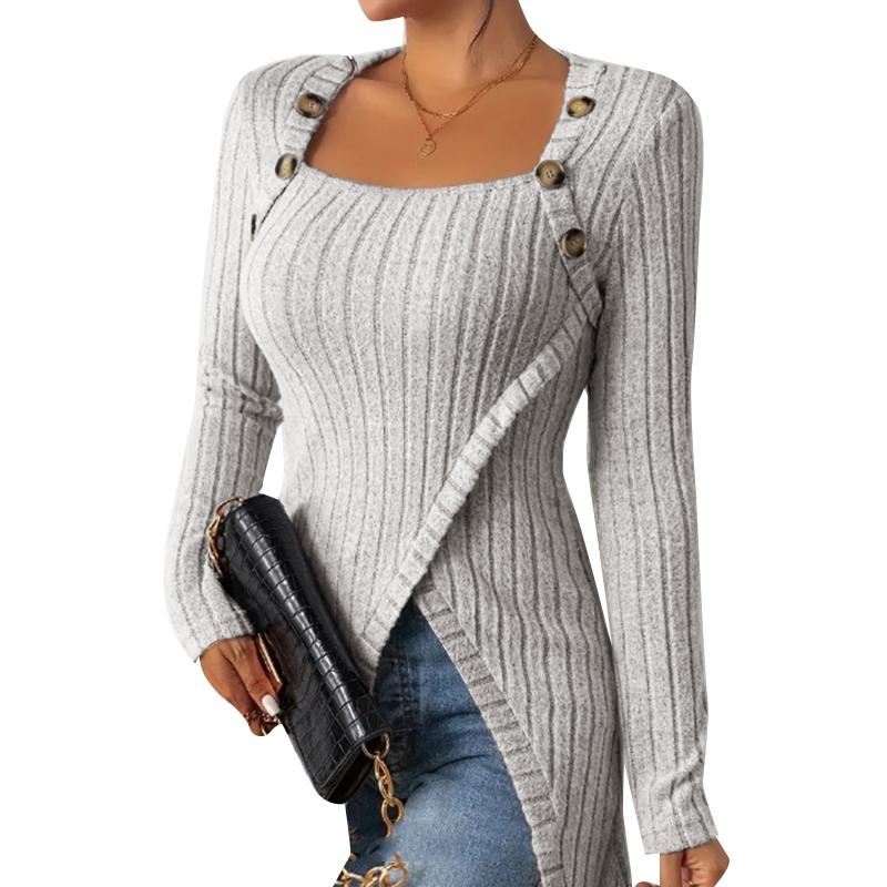 ZANZEA Damen-Bluse, lässig, quadratischer Kragen, langärmelig, unregelmäßiger Saum, schmale Bluse 2XL grau