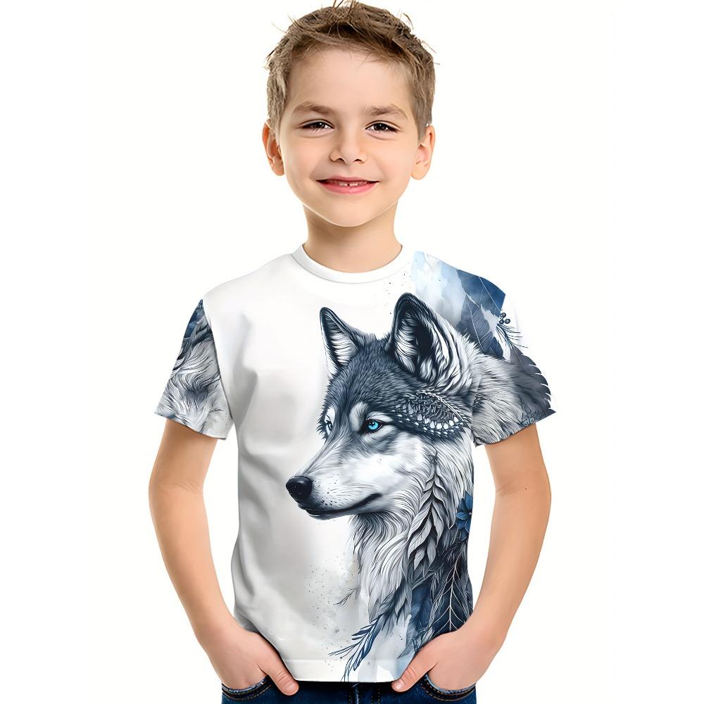 Kinderkleidung Junge T-Shirt Oberteil Kurzarm Cool 3D Tier Wolf Druck Kinder Sommerkleidung Stilvolle Streetwear Rundhals Mädchenkleidung 140
