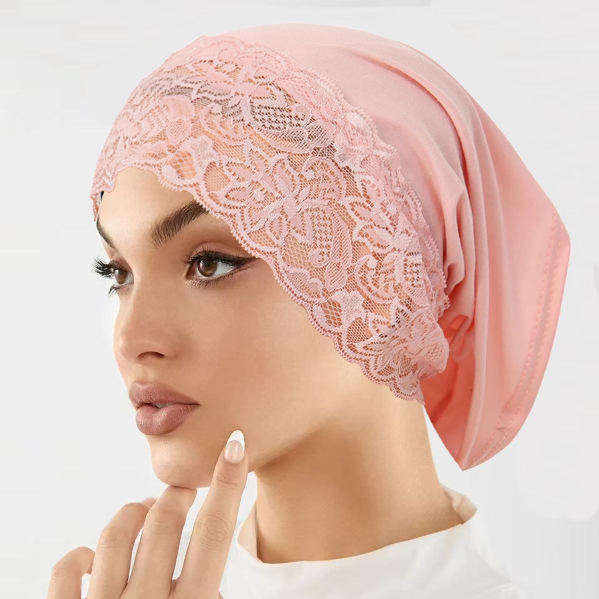 Hijab Unterkappe mit Spitze Muslimischer Turban Islamische Unterkappe Hijab Mütze Weich Dehnbar HIjabs Schlauchmütze Turbante rosa
