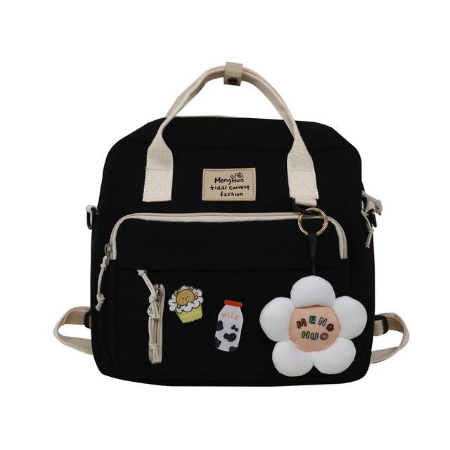 Damen Rucksack Canvas Kleiner Mini Rucksack Damen Tasche für Schulmädchen Blumen Rucksack Damen kleine Schultasche Abzeichen Rucksack With pendant schwarz