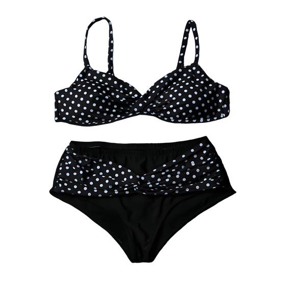 Gepunktetes Bikini-Set 2 Teile/Set Übergrößen-Set, V-Ausschnitt-Bikini-Oberteil mit Kreuz-Brust und integriertem Halt, V-Ausschnitt High-Waist-Bikinihose mit Verdrehung, Retro-Design XXXXL schwarz