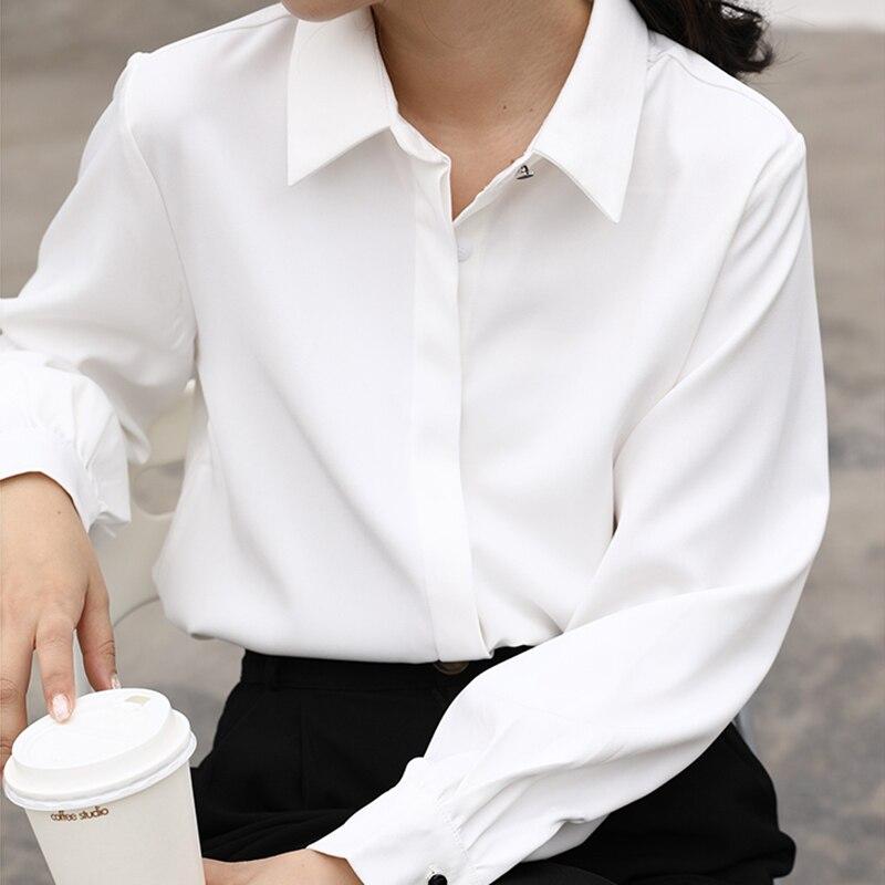 HOUZHOU Weiße Hemden Frauen Drehen Unten Kragen Langarm Einreiher Elegante Mode Büro Weibliche Übergroßen Klassische Bluse L weiß