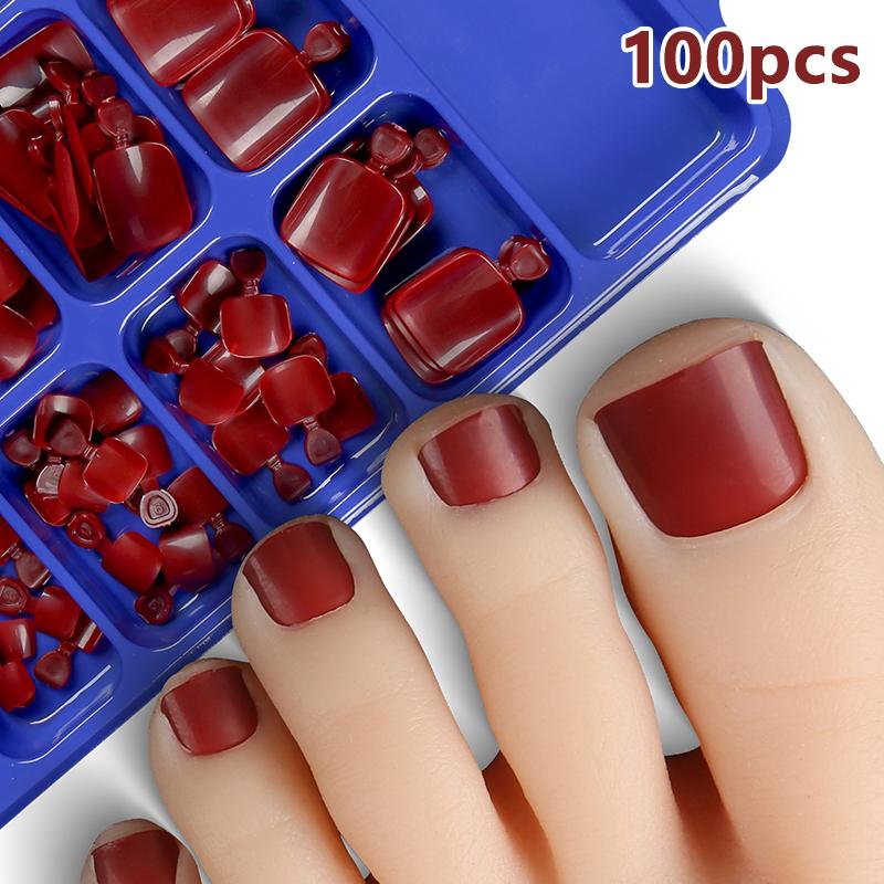 100 Stück Falscher Zehennagel Naturfarben Volltonfarbe Aufdrücken Zehe Fuß Vollabdeckung Quadratische Nägel Nagelkunstspitzen Schnell Tragbares Nagel Maniküre Werkzeug wein rot