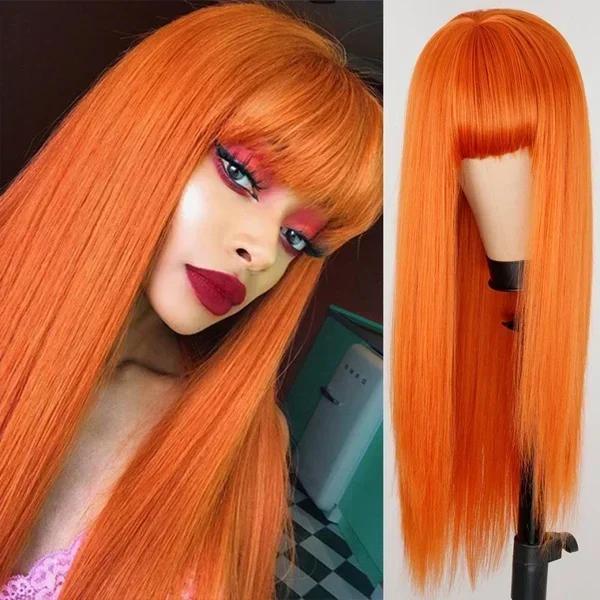 Lange Gerade Rote Schwarz Graue Rosa Perücke mit Pony Synthetische Haarperücke für Frauen Hitzebeständig Cosplay Abschlussball Accessoires Orange