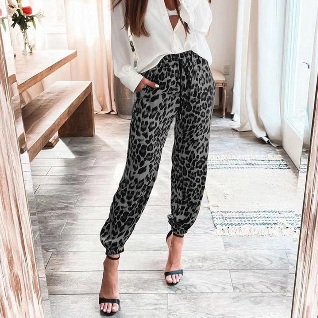 Lässige Damen-Hose mit Leopardenmuster, elastischer Taille, Kordelzug, lange Hose XXXL grau