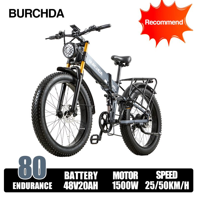 BURCHDA R5Pro Elektrisches Fahrrad für Erwachsene 1500W, 48V20Ah Akku, 26-Zoll Fat Tire Elektrisches Mountainbike, Faltbares City Elektrisches Mountainbike 26*4.0 inches grau
