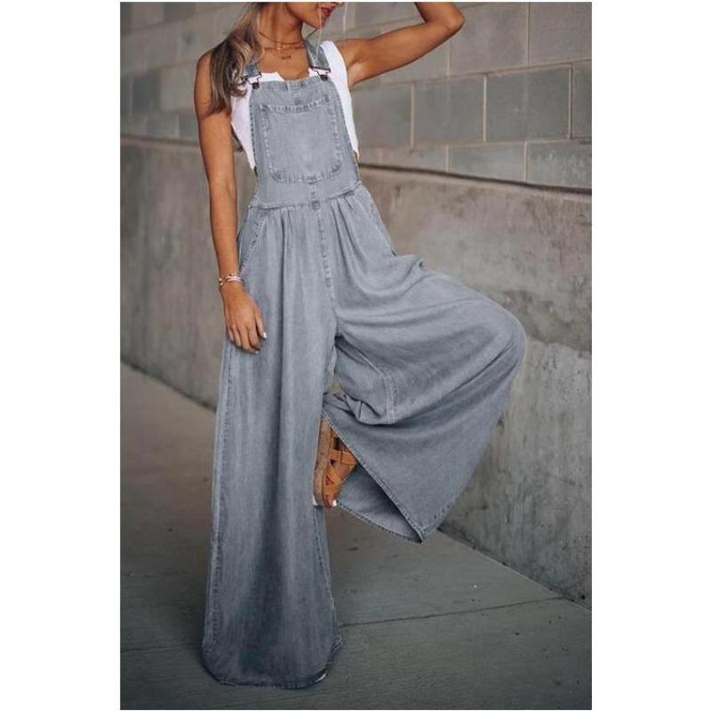 Lockere ärmellose Jeans-Overalls mit Seitentaschen, lässige Jeans-Hosenträgerhose mit verstellbarem Schultergurt, Jeans und Kleidung für Damen S grau
