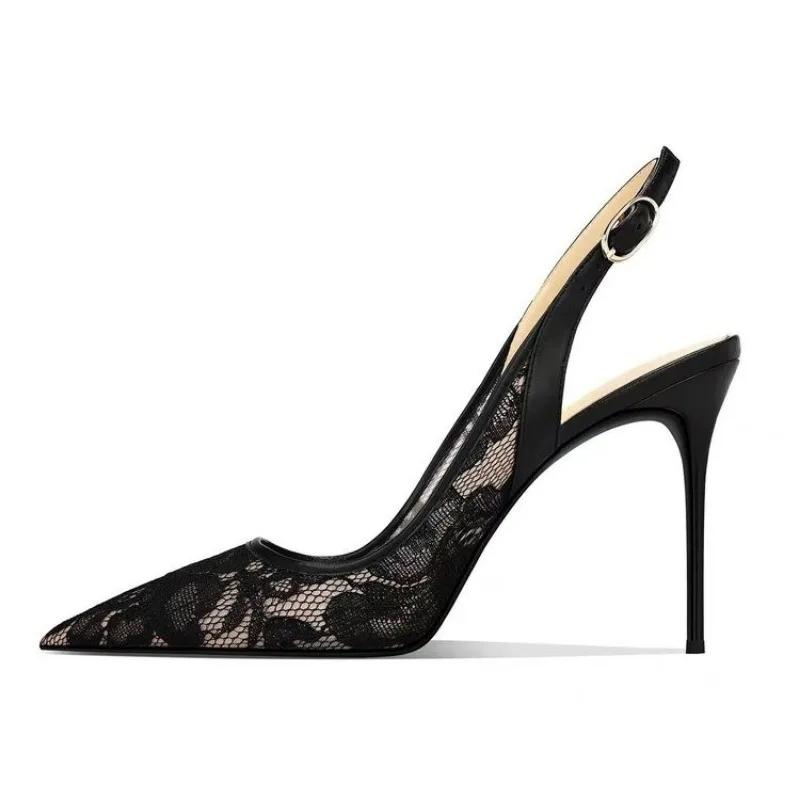2024 Damenschuhe Spitze Damen High Heels Sexy Party Pumps Damen Spitzschuh Schnalle Riemen Dünne Ferse Slingbacks Damen Sandale 39 schwarz