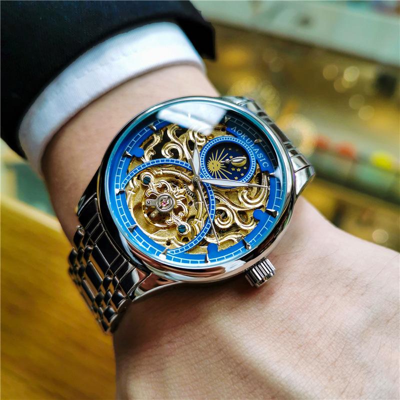 Royal Gold Skelett Automatikuhr für Herren Luxus Tourbillon Mechanische Uhren Edelstahlarmband Leuchtende Uhr silber/blau