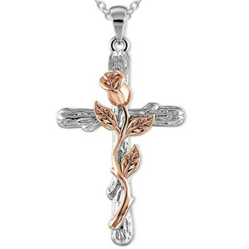 Rose Blume Kreuz Anhänger Kette Halskette Schmuck Geschenk für Frauen Schmuck Geschenk rose gold