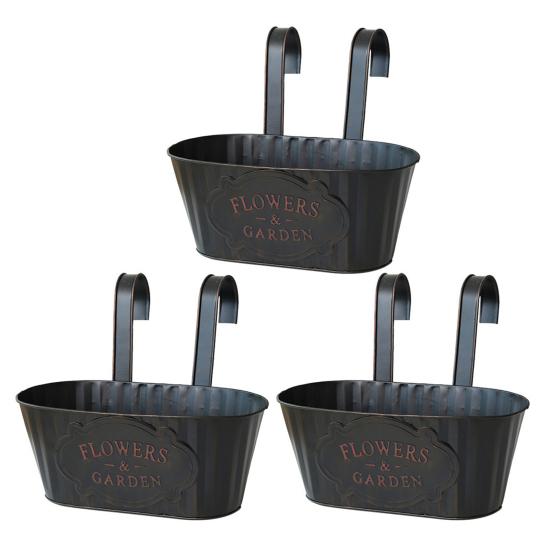 Über Zaun-Pflanzgefäße, hängende Blumentöpfe aus Metall, Geländerzaun-Pflanzgefäße mit abnehmbaren Haken für Gartenzaun, Haus, Balkon, Terrasse 3pcs schwarz