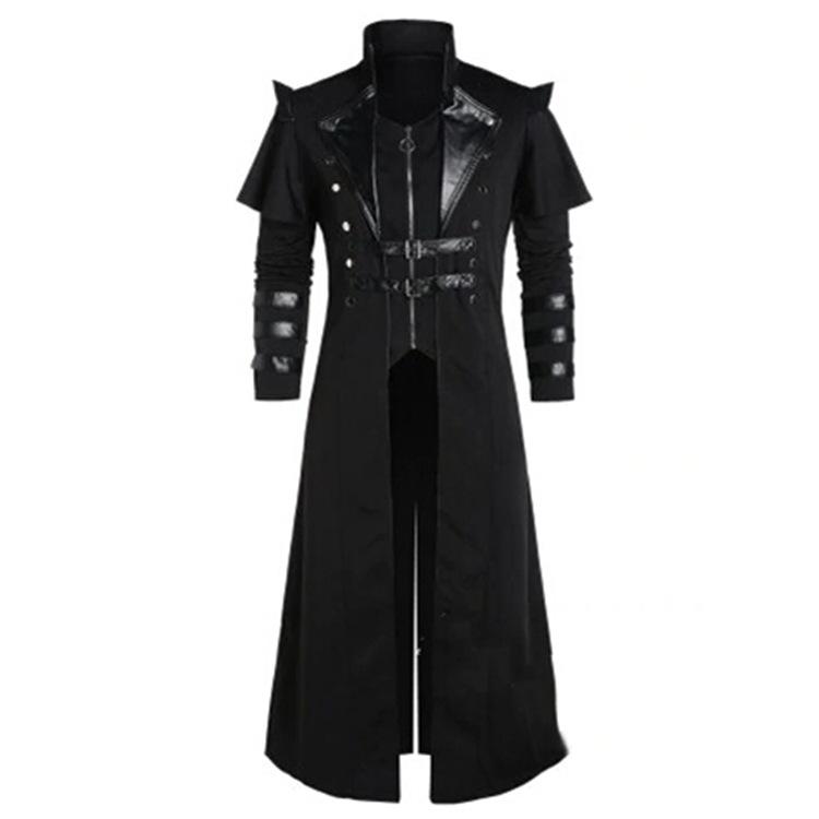 Vintage Herren Gothic Steampunk Lange Jacke Trenchcoat Retro Mittelalter Krieger Ritter Mantel Männlich Victoria Langer Mantel Plus Größe XXXXXL schwarz