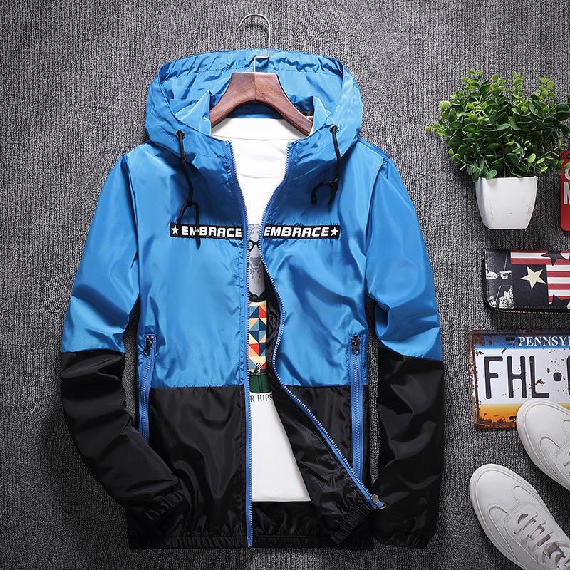 Frühling und Herbst Mode Color Blocking Herren Jacke Casual Trend dünne Student Windjacke Jacke Kapuzenjacke Top XL blau