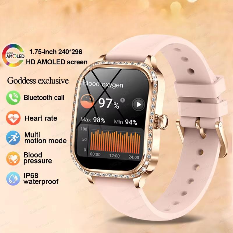 2025 Neue Mode Smart 1,75  HD Display Uhr Damen AMOLED Gebogener Bildschirm IP68 Wasserdicht Gesundheit Anruf Smartwatch Apple Watch Damen für Damen Geschenk silicone tape rosa