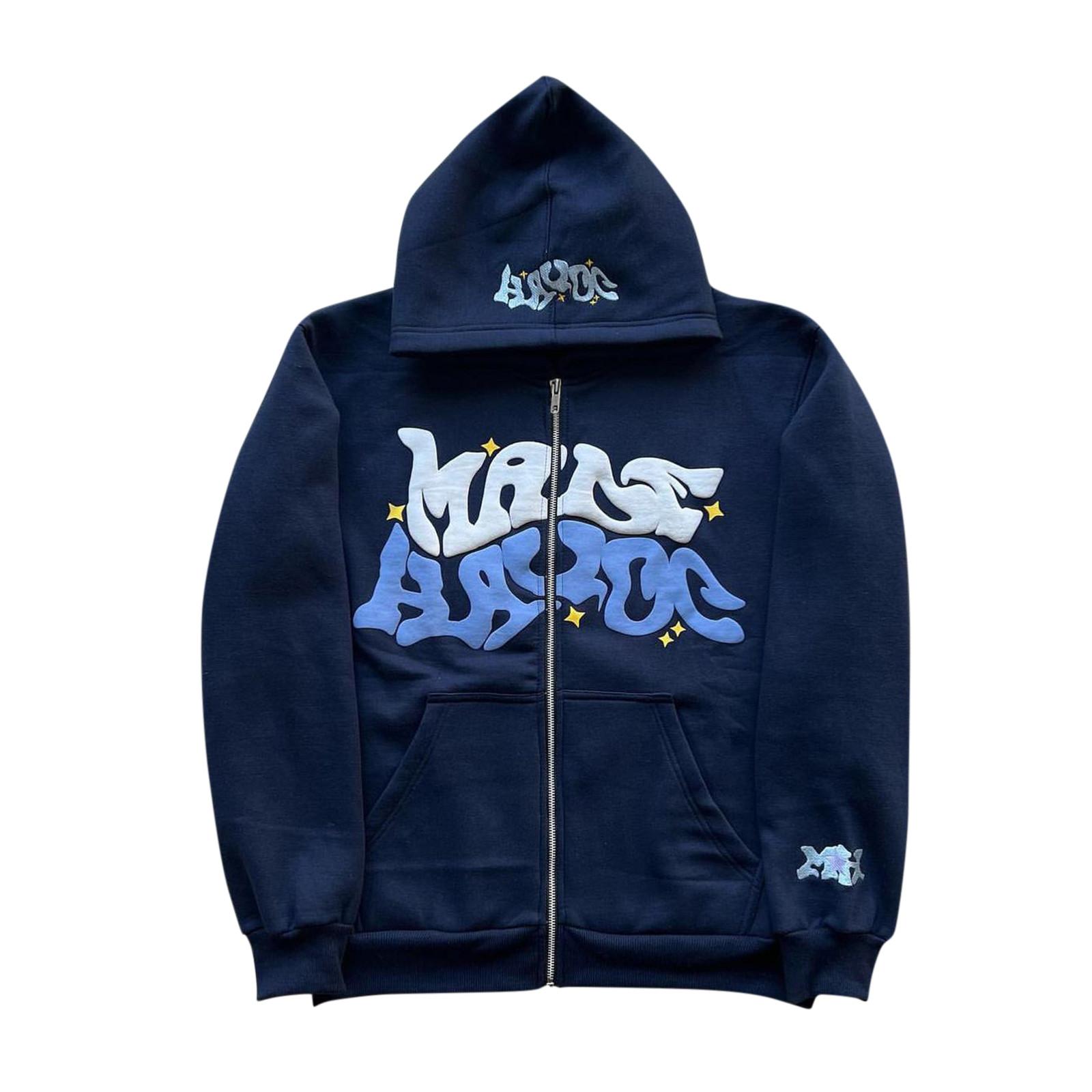 Street Fashion Print Hoodie Grafik Zip Up Hoodies Hip Hop Streetwear Übergroßen Vintage Outfit XXXL dunkelblau