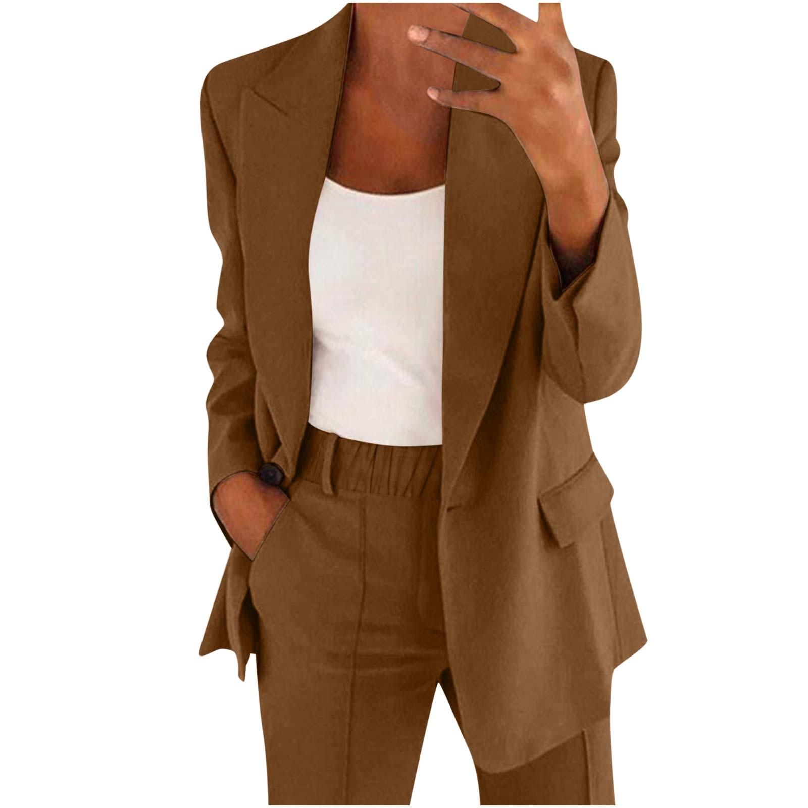 Frauen Casual Langarm Einfarbig Revers Strickjacke Anzug Jacke Hosen Anzug XXL braun