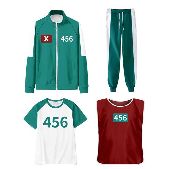 Tintenfischspiel Cosplay Kostüm Vierteiliges Set Trainingsanzug Outfits Jacke T-Shirt Weste Hose Set Sport Sweatshirt Halloween Karneval Party Kostüm L J