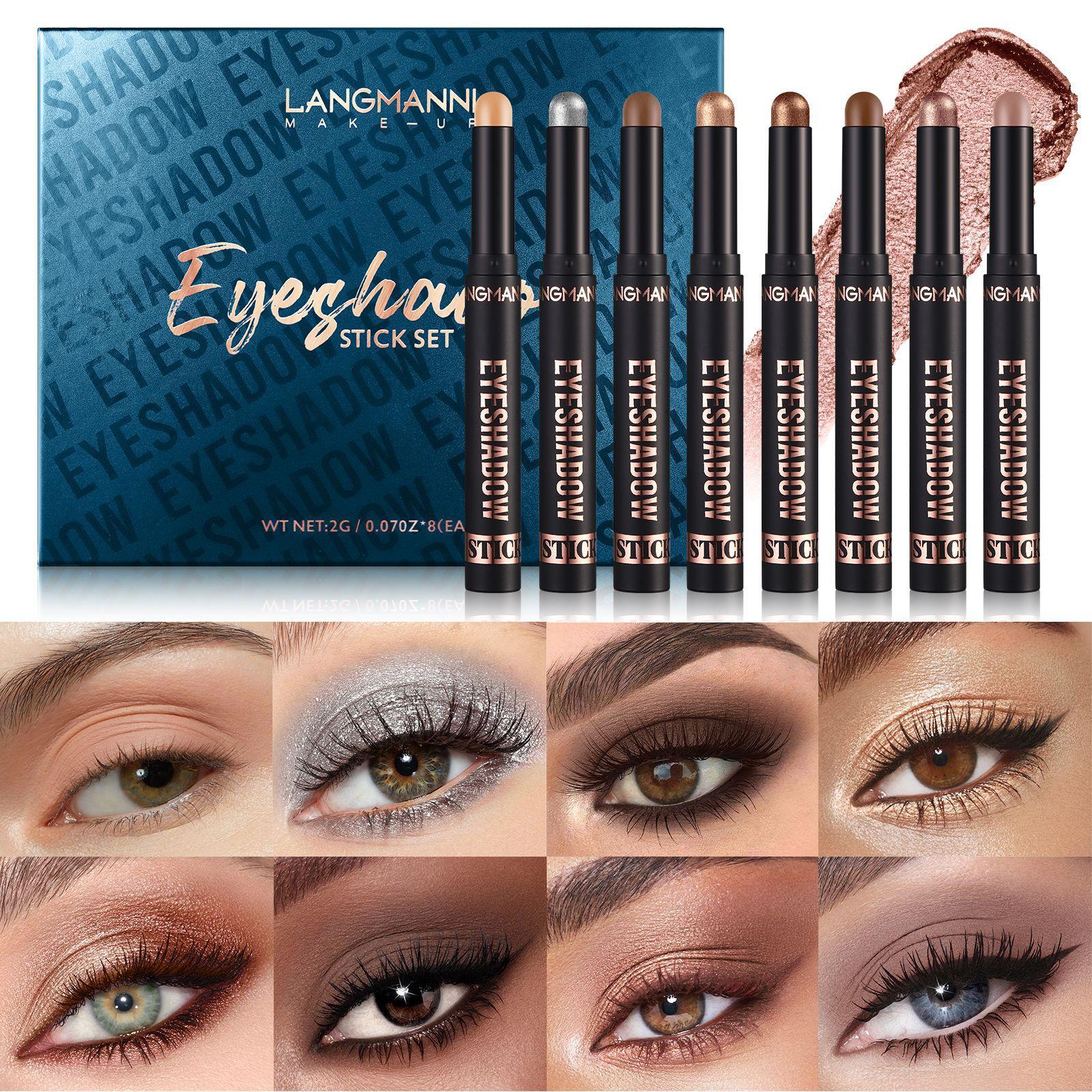 8-farbiges Lidschatten-Stick-Set, 2-in-1-Lidschatten-Highlight-Stick, wasserfest und schweißresistent, Make-up-Geschenkbox, geeignet für das tägliche Ankleiden A