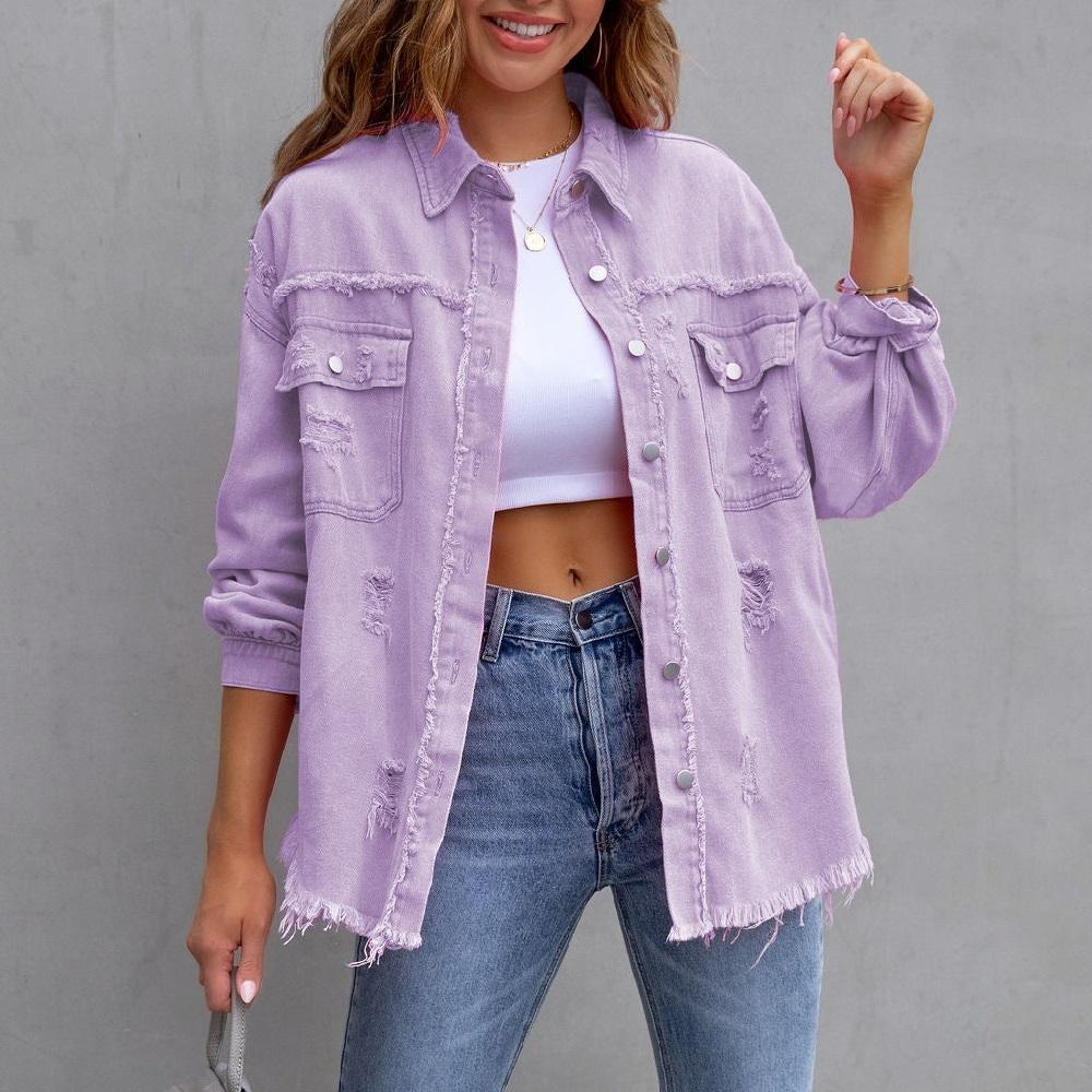 Frauen Herbst Frühling Denim Jacken Langarm Einreiher Vintage Jeans Strickjacken Mäntel Damen Beiläufige Lose Oberbekleidung Tops XL violett